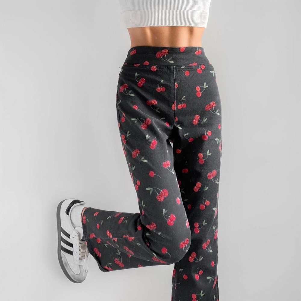 Free People / NWT Cherry Fruit Print Flare Crop Pants in Black - Picture 3 of 9